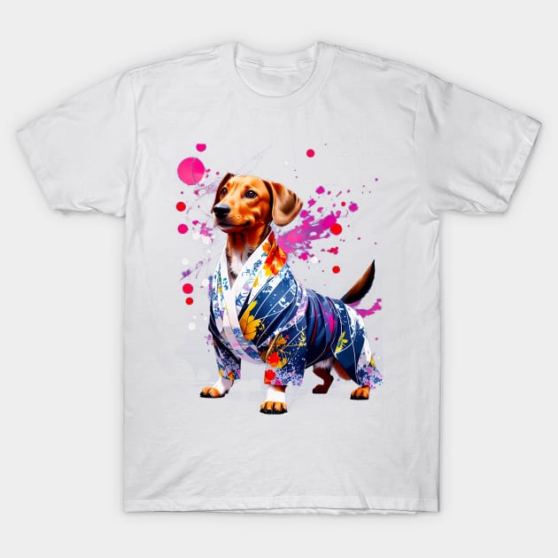 Vibrant Dachshund in Colorful Kimono Inspired by Japanese Culture T-Shirt by fur-niche